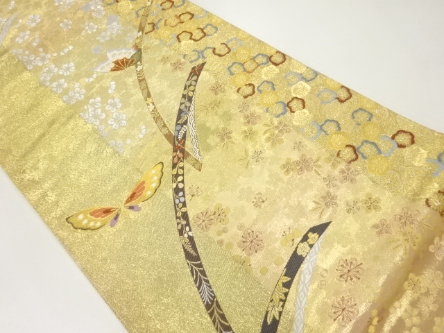 熨斗に桜・蝶模様織出し袋帯